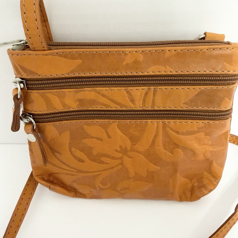 Made In Italy Italian Leather Cognac Crossbody Bag Tooled Floral Multi Zip Purse